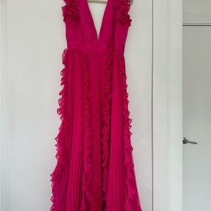 Mac Duggal Pleated Flutter-Sleeve Deep-V Empire-Waist Gown